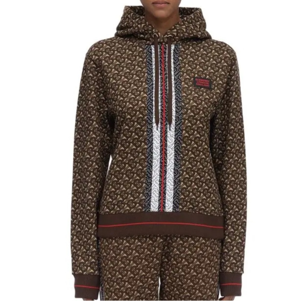 Brown Patterned Hoodie with Red and White Accents BURBERRY XS Use once